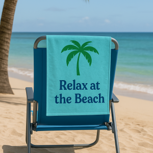 Beach seat protector towel with paw print design draped over a lounge chair on the sand.