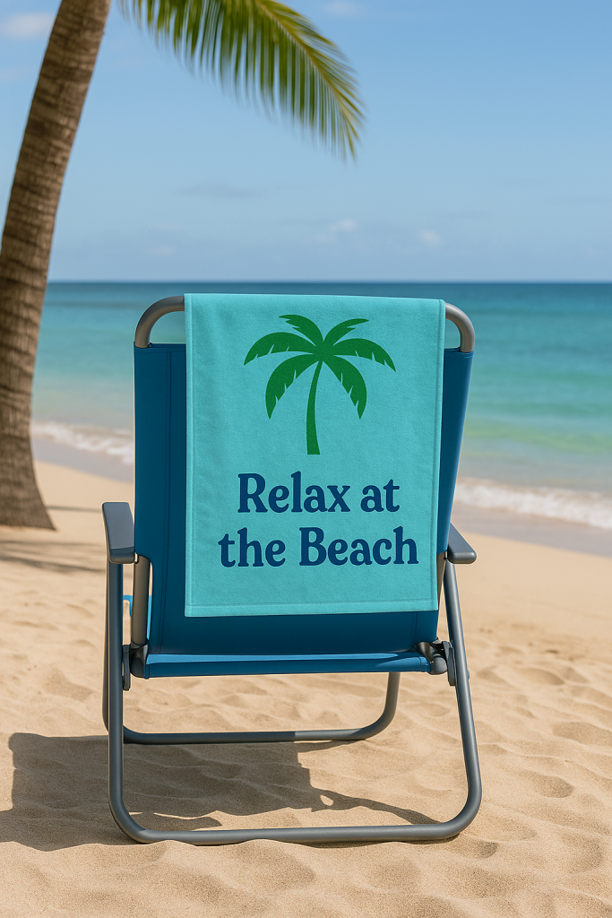 Beach seat protector towel with paw print design draped over a lounge chair on the sand.