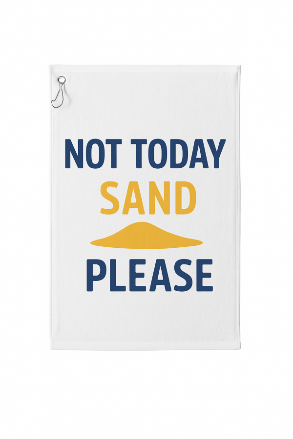 Custom beach towel with the saying Beach Please on white microfiber.