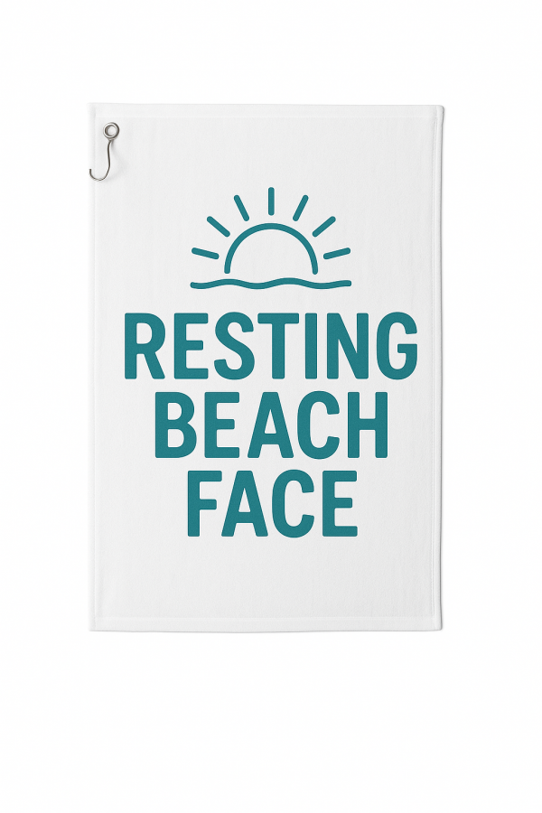 Beach towel with funny Resting Beach Face phrase on white microfiber.