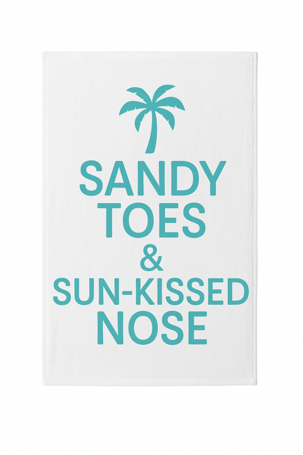 Beach towel with Sandy Toes & Sun-Kissed Nose phrase printed on microfiber.