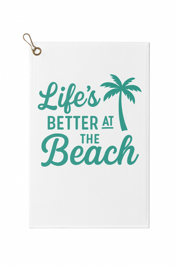 Beach seat protector towel with palm tree design and the phrase Life’s Better at the Beach.